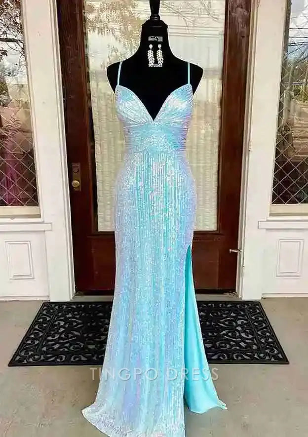 TingPo Wholesale Elegant Sheath/Column V Neck Spaghetti Straps Sweep Train Sequined Prom Dress With Split